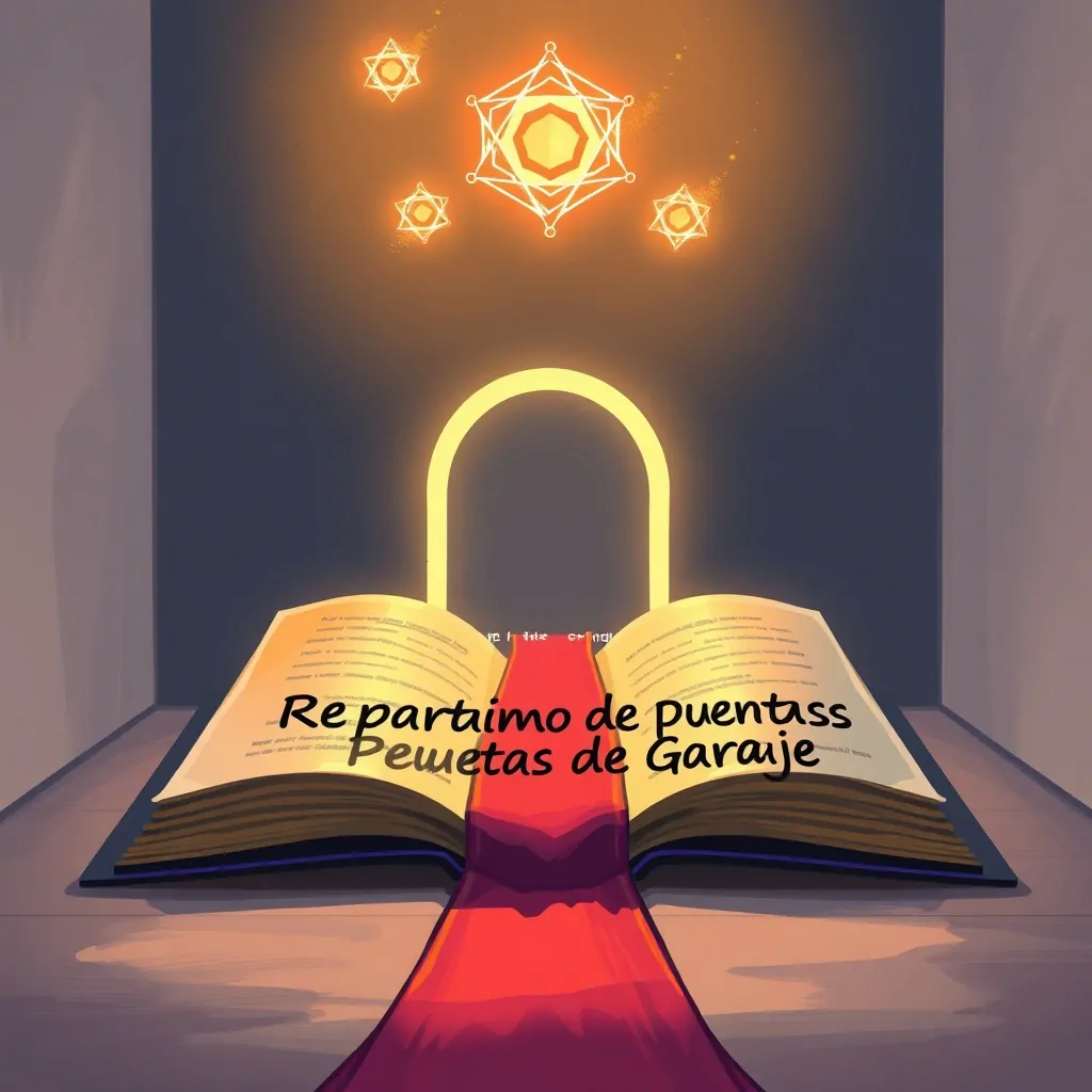 Ilustración de un libro abierto que se transforma en un camino hacia un arco iluminado, simbolizando claridad y nuevos comienzos. Cuales son los mejores servicios de reparacion de puertas de garaje en Barcelona.