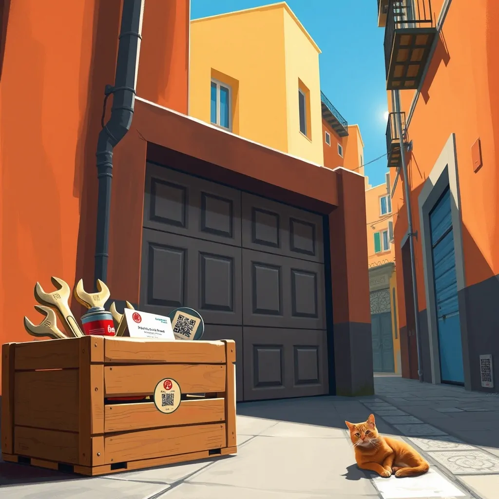 Puerta de garaje corredera en Barcelona, gato descansando, herramientas y ambiente cálido. Donde contratar el mantenimiento de puertas de garaje correderas con mejor atención al cliente.