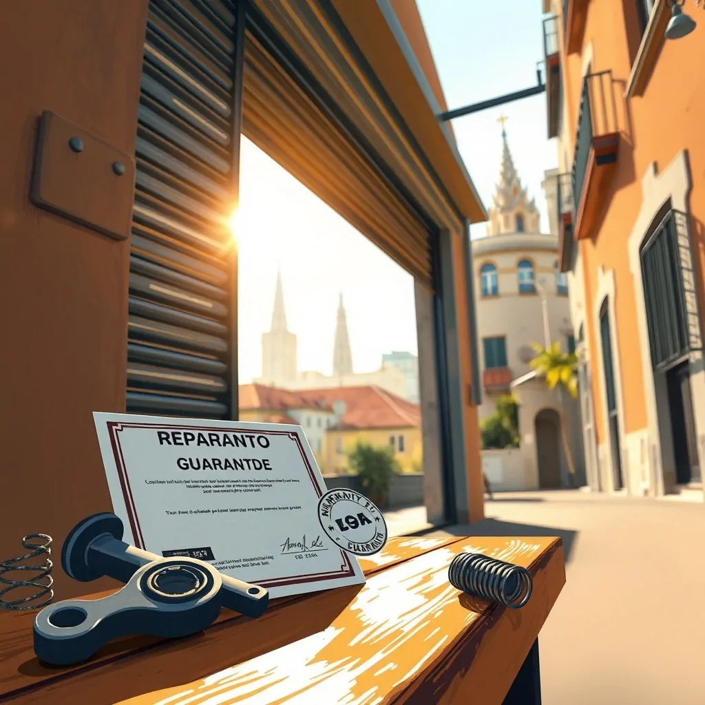 Puerta de garaje entreabierta en Barcelona, con certificado y herramientas en un banco; evoca "Que servicios de reparacion para puertas de garaje ofrecen mejores garantias en Barcelona".