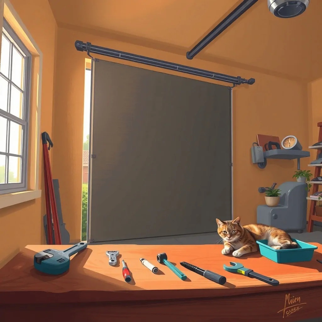 Interior cálido de un garaje suburbano con una puerta corredera entreabierta; un gato atigrado duerme junto a herramientas. Que servicios ofrecen para la reparacion de puertas correderas de garaje.