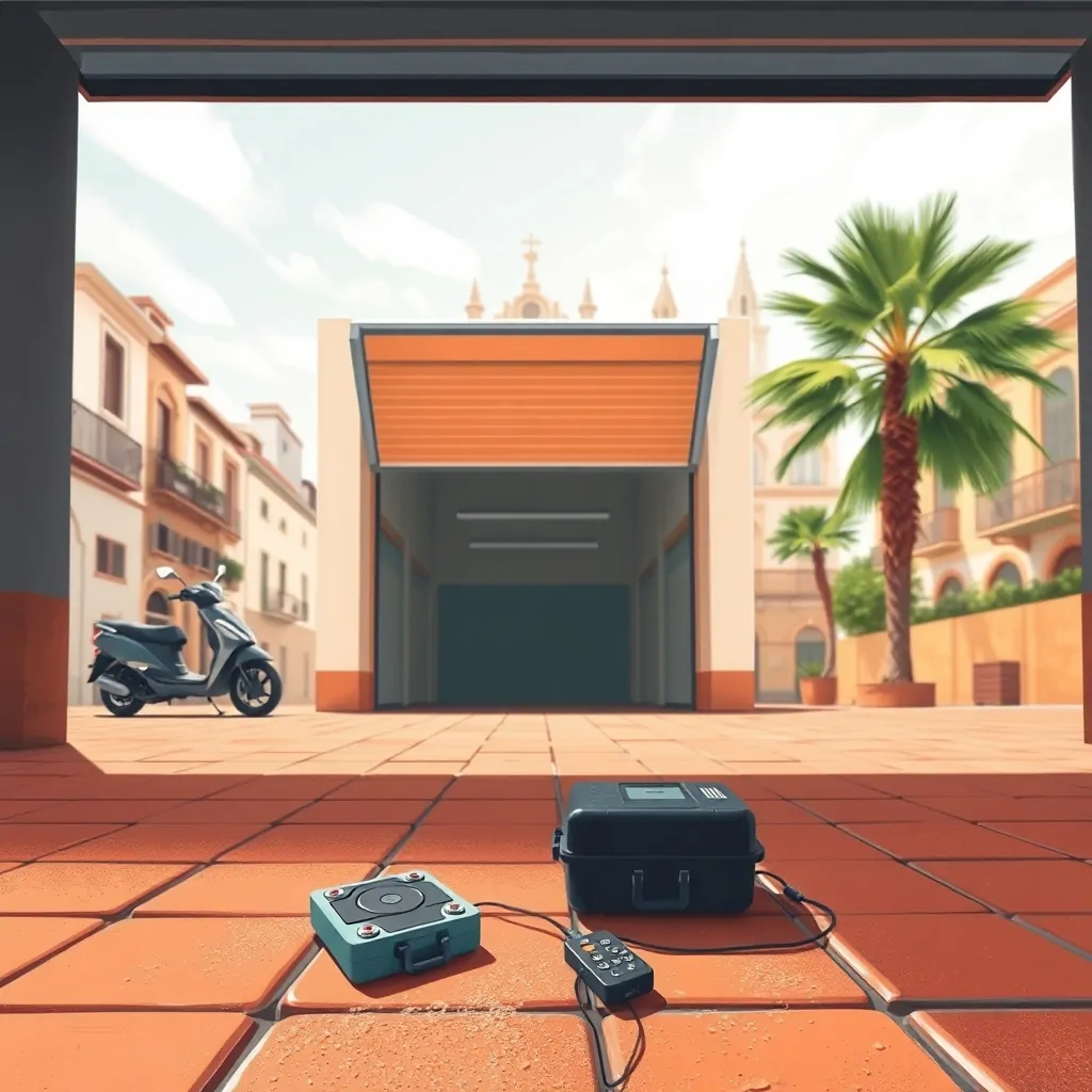 Escena estilizada de una puerta de garaje automática en Barcelona; ideal para conocer Cuales son las mejores empresas para la reparacion de puertas de garaje automaticas en Barcelona.