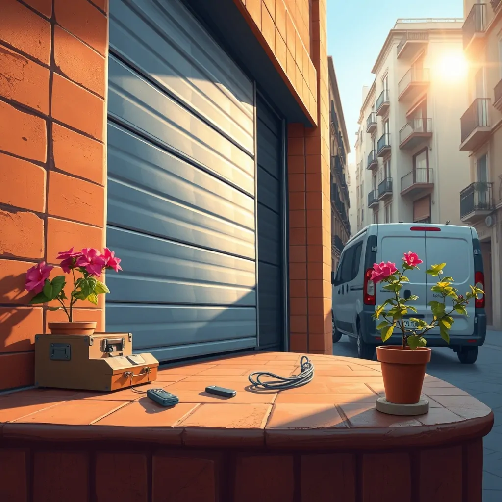 Escena de un garaje automático en Barcelona, con herramientas y una bugambilia, ideal para encontrar las mejores ofertas para el mantenimiento de puertas automaticas de garaje en Barcelona.