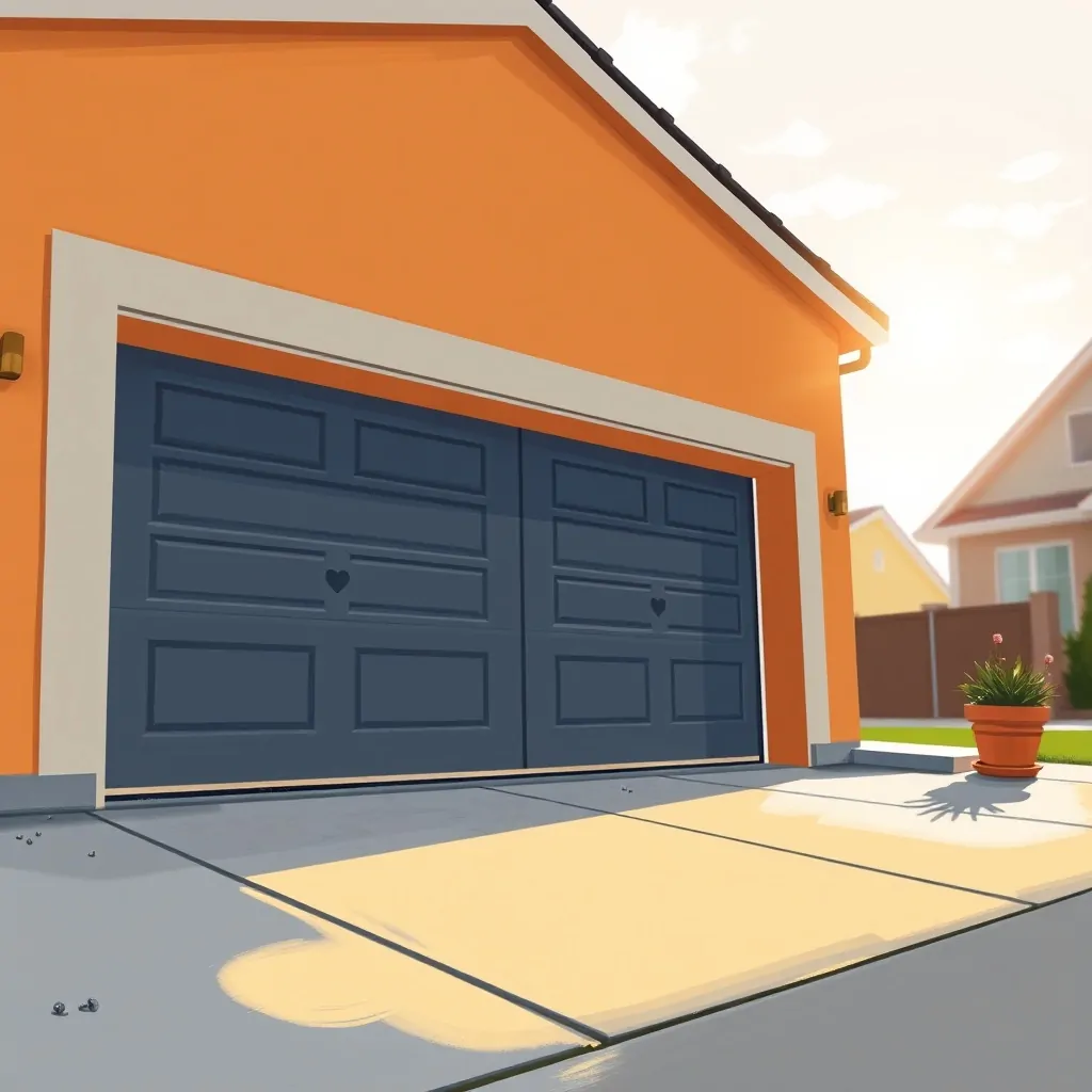 Ilustración de un garaje suburbano con puertas corredera y basculante, evocando calidez y opciones: "Como elegir entre una puerta de garaje corredera y una basculante".