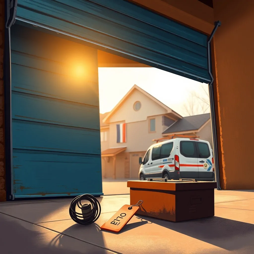Puerta de garaje basculante medio levantada, caja de herramientas en el suelo; ideal para encontrar donde contratar el servicio de reparacion mas economico para puertas de garaje basculantes.
