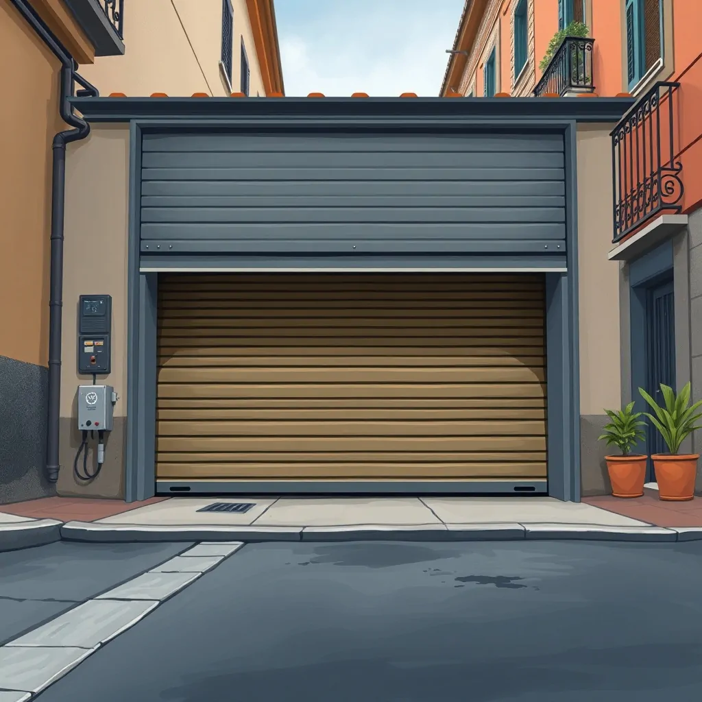 Ilustración de una puerta de garaje eficiente para uso intensivo en Barcelona, con detalles arquitectónicos mediterráneos.