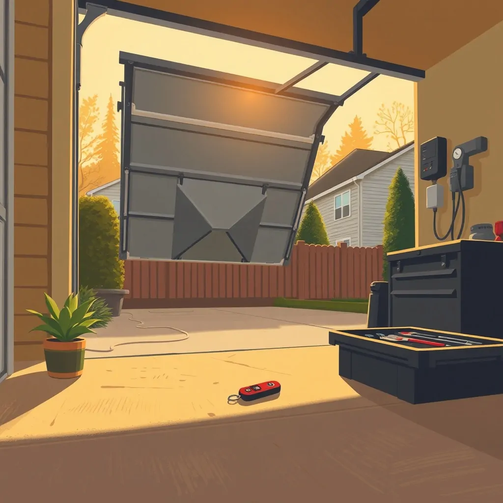 Ilustración cálida de un garaje suburbano con puerta basculante en movimiento, destacando opciones para la motorización.