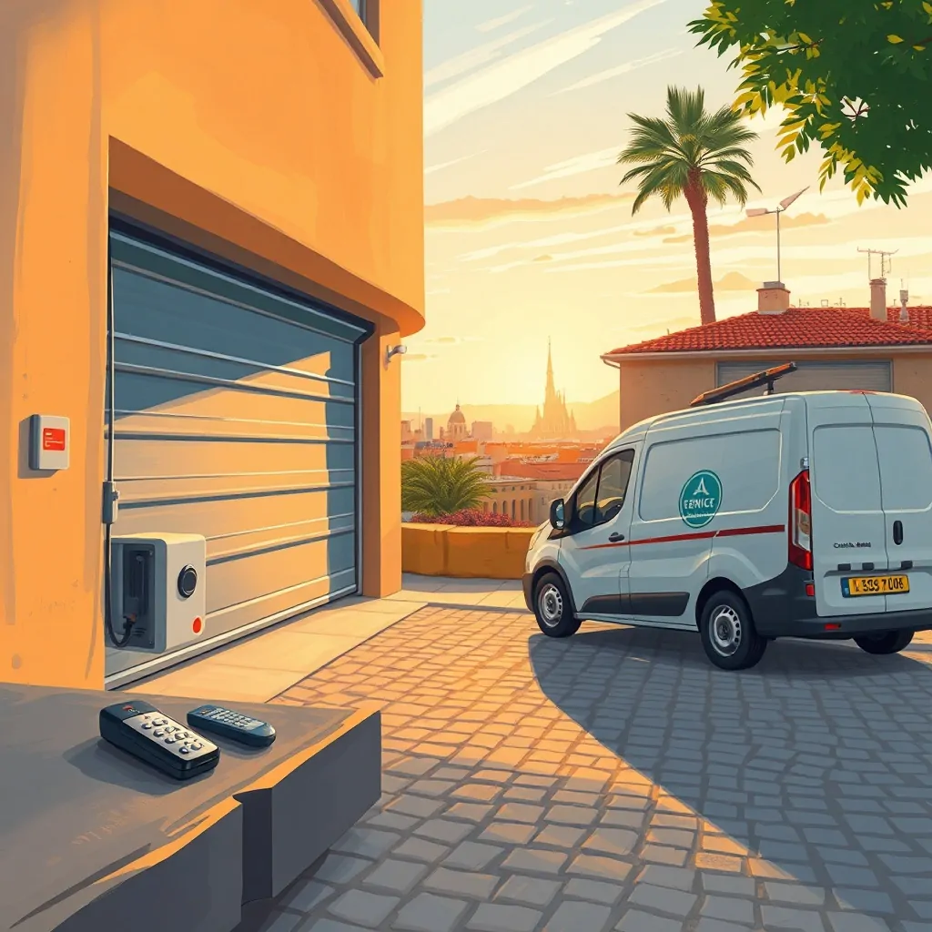 Escena cálida de un garaje moderno en Barcelona, con puerta parcialmente abierta y servicios de motorización visibles. Cuales son los servicios mas fiables para la motorizacion de puertas de garaje en Barcelona.