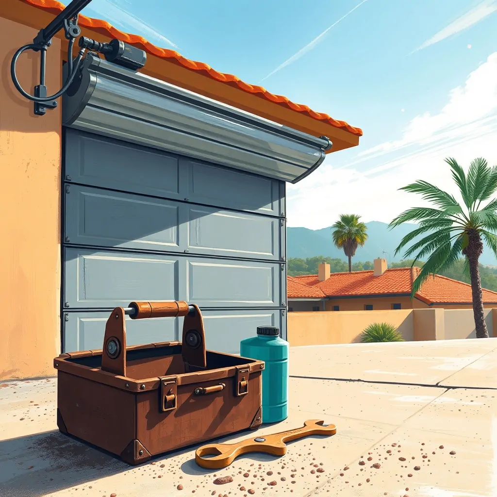 Puerta de garaje automática en movimiento con herramientas en primer plano; encuentra servicios de mantenimiento en Valencia.