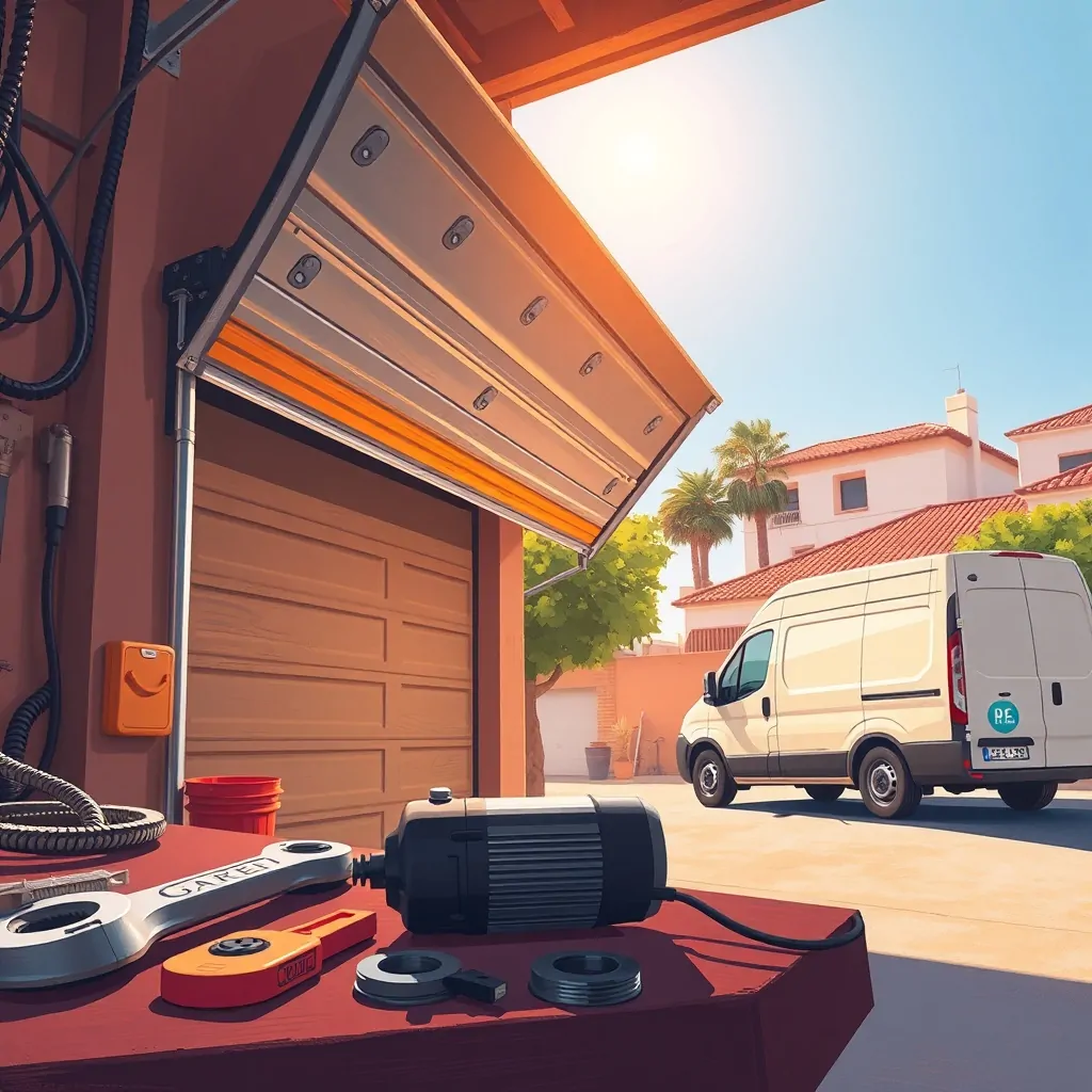 Ilustración de un garaje en Valencia con motor de puerta, herramientas y un furgón, representando las empresas más recomendadas para la reparación de motores de puertas de garaje en Valencia.
