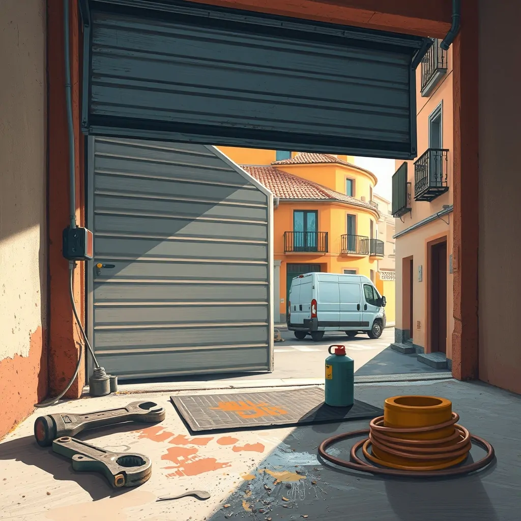 Escena cálida de un garaje en Madrid, con una puerta semiabierta y detalles de mantenimiento. Encuentra servicios de mantenimiento de puertas de garaje en Madrid.