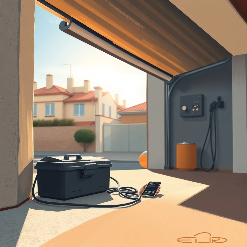 Ilustración de un garaje en Barcelona con motor eléctrico y puerta en upgrade; empresas en Barcelona son recomendadas para la motorizacion de puertas de garaje manuales.