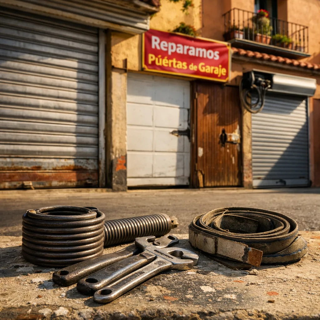 Alley en Madrid con puertas de garaje, herramientas y texturas que ilustran qué tipos de puertas de garaje se reparan con más frecuencia en Madrid.