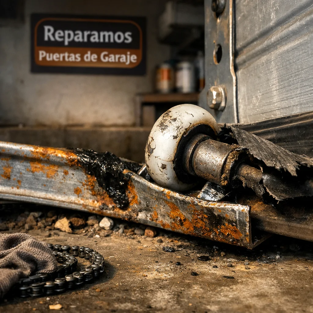 Estudio fotográfico de una puerta de garaje corredera con problemas: óxido, grasa, rodillo dañado y sellado roto. Cuales son los problemas mas comunes en las puertas de garaje correderas.