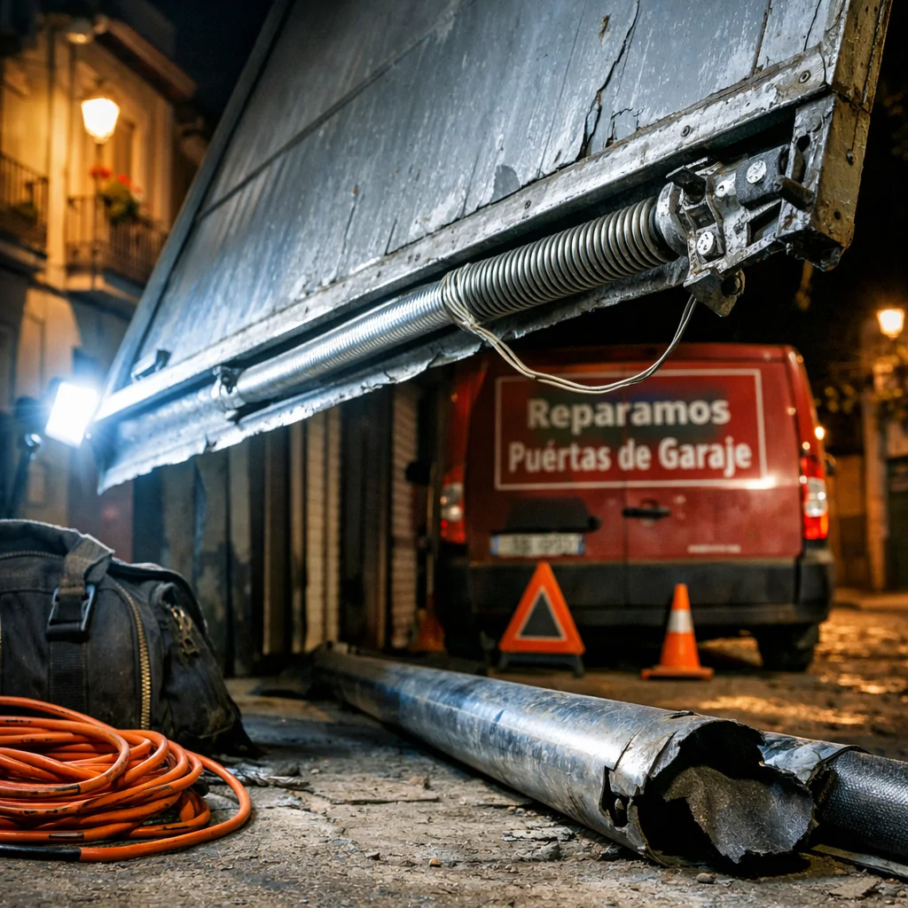 Escena nocturna tensa de una puerta basculante de garaje fallando en Madrid; busca "Donde puedo contratar un servicio urgente para reparar una puerta basculante de garaje en Madrid".