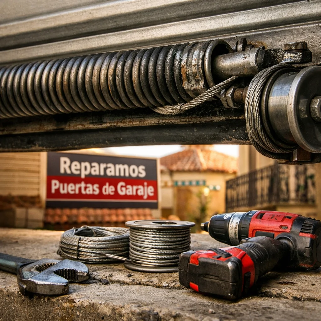 Vista cercana de una puerta de garaje en reparación, herramientas y texturas resaltan en un ambiente soleado de Barcelona. Que servicios de reparacion de puertas de garaje son mas recomendados en Barcelona.