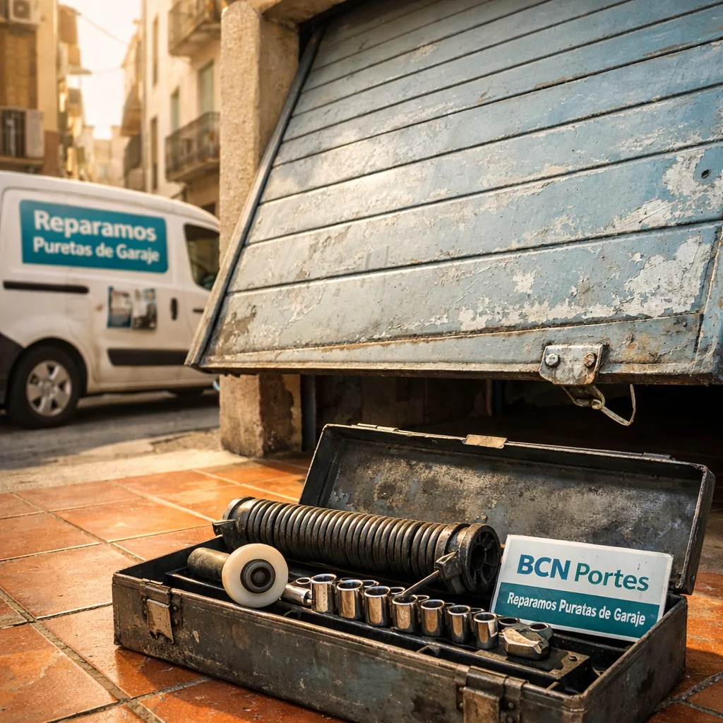 Alley en Barcelona con puerta de garaje medio abierta, caja de herramientas y furgoneta; Cuales son las mejores empresas para reparar puertas de garaje basculantes en Barcelona.