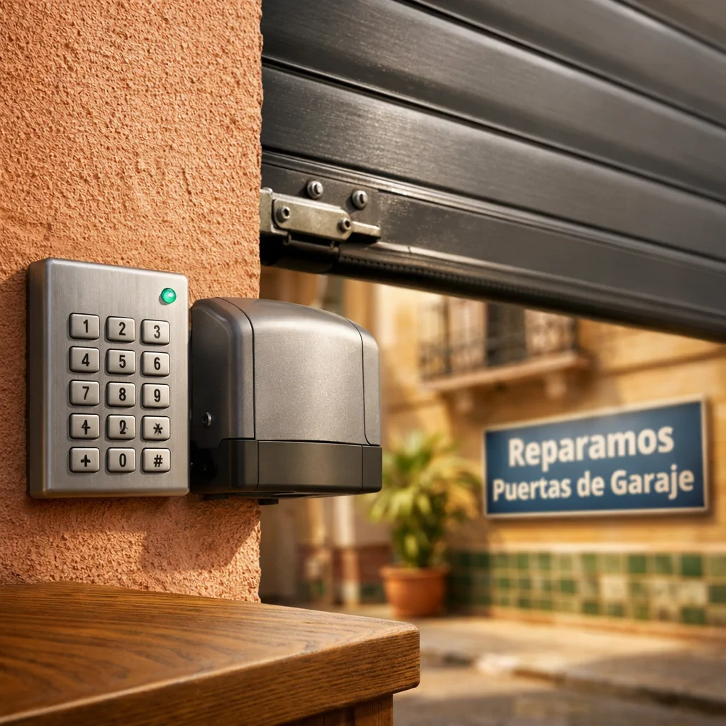 Escena soleada en Barcelona con un teclado de aluminio y puerta de garaje en movimiento; mejores opciones para automatizar puertas de garaje en Barcelona.