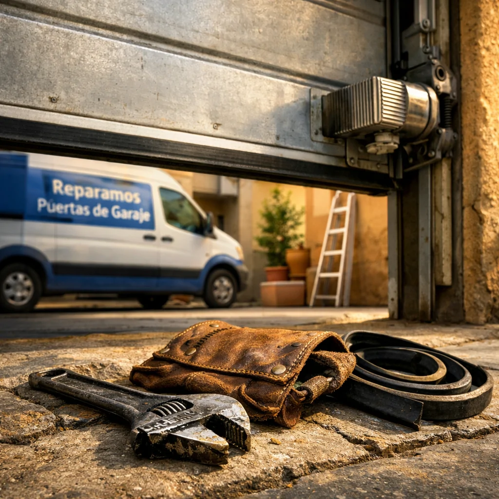 Fotografía de herramientas en un umbral de garaje en Barcelona; encuentra empresas que realicen mantenimiento de puertas de garaje basculantes en Barcelona.