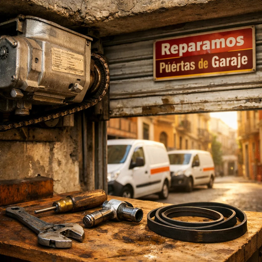 Escena de un garage en Barcelona con motor de puerta, herramientas y furgonetas; ideal para Cuales son las empresas mas recomendadas para reparar motores de puertas de garaje en Barcelona.