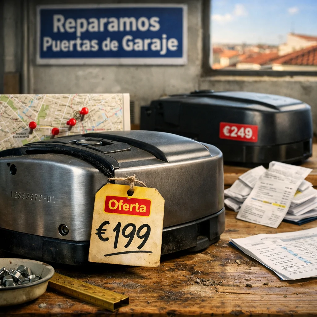 Banco de trabajo con motor de puerta de garaje, recibos y mapa de Madrid; ¿Qué empresas tienen los mejores precios para motorizacion de puertas de garaje en Madrid?