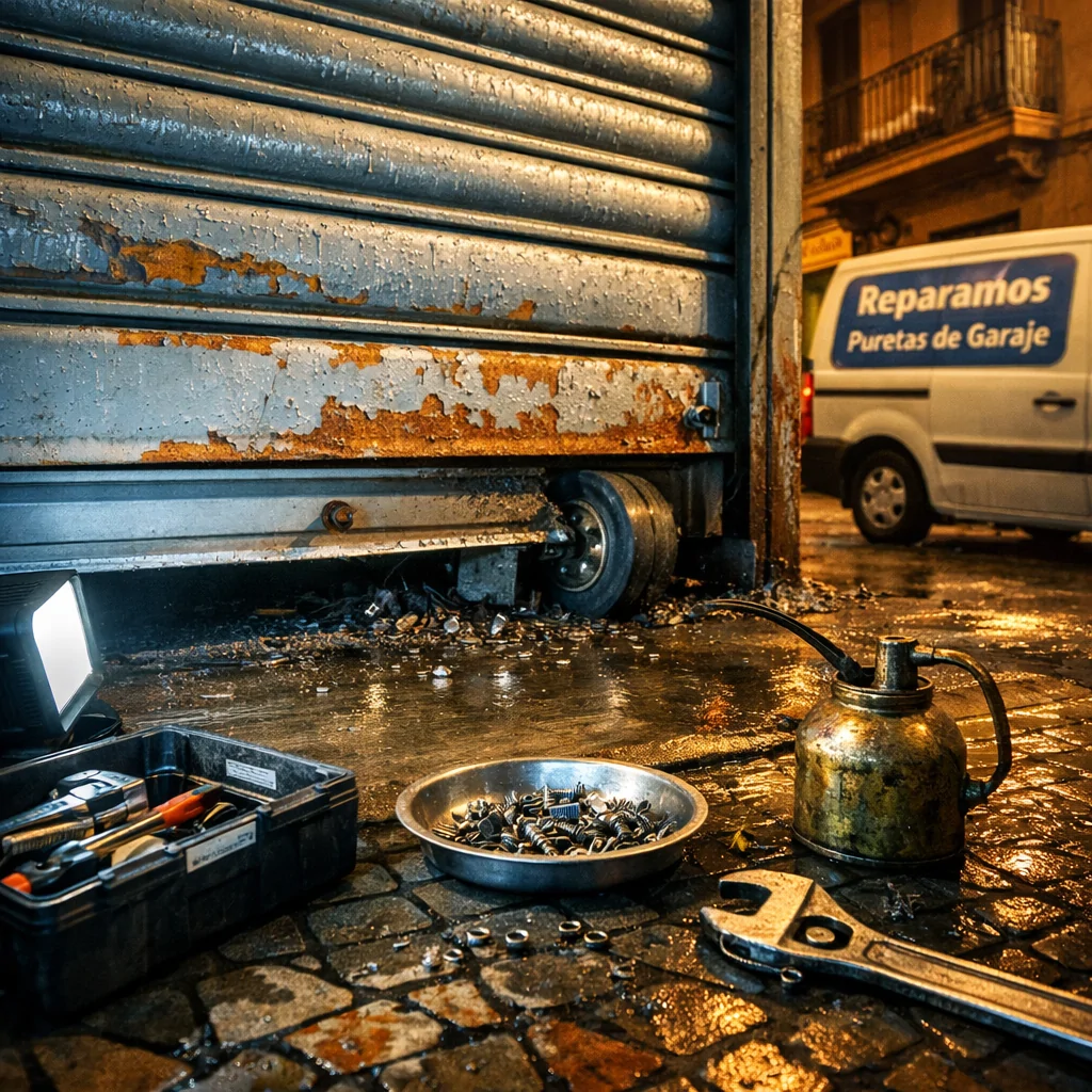 Escena nocturna en Barcelona con una puerta de garaje corredera atascada; herramientas y ambiente de reparación urgente. Donde puedo contratar la reparacion urgente de una puerta de garaje corredera en Barcelona.