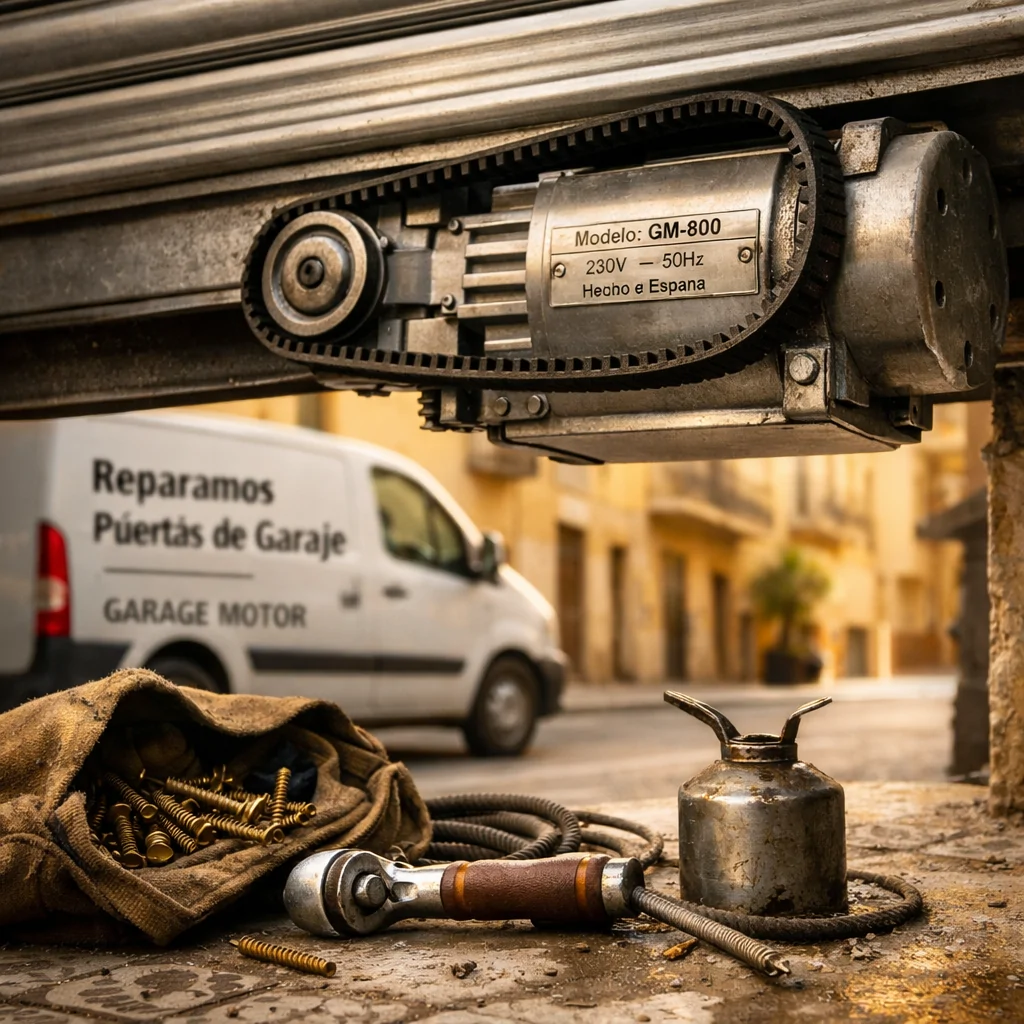 Umbral de garaje en Barcelona con motor de acero, herramientas y un furgón; Cuales son las mejores empresas de reparacion de motores de puertas de garaje en Barcelona.