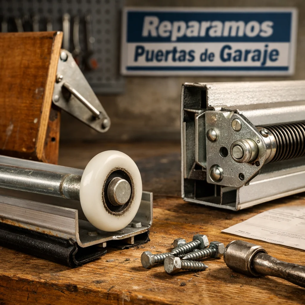 Un garaje iluminado muestra detalles de puertas correderas y basculantes, destacando el costo de mantenimiento comparativo.