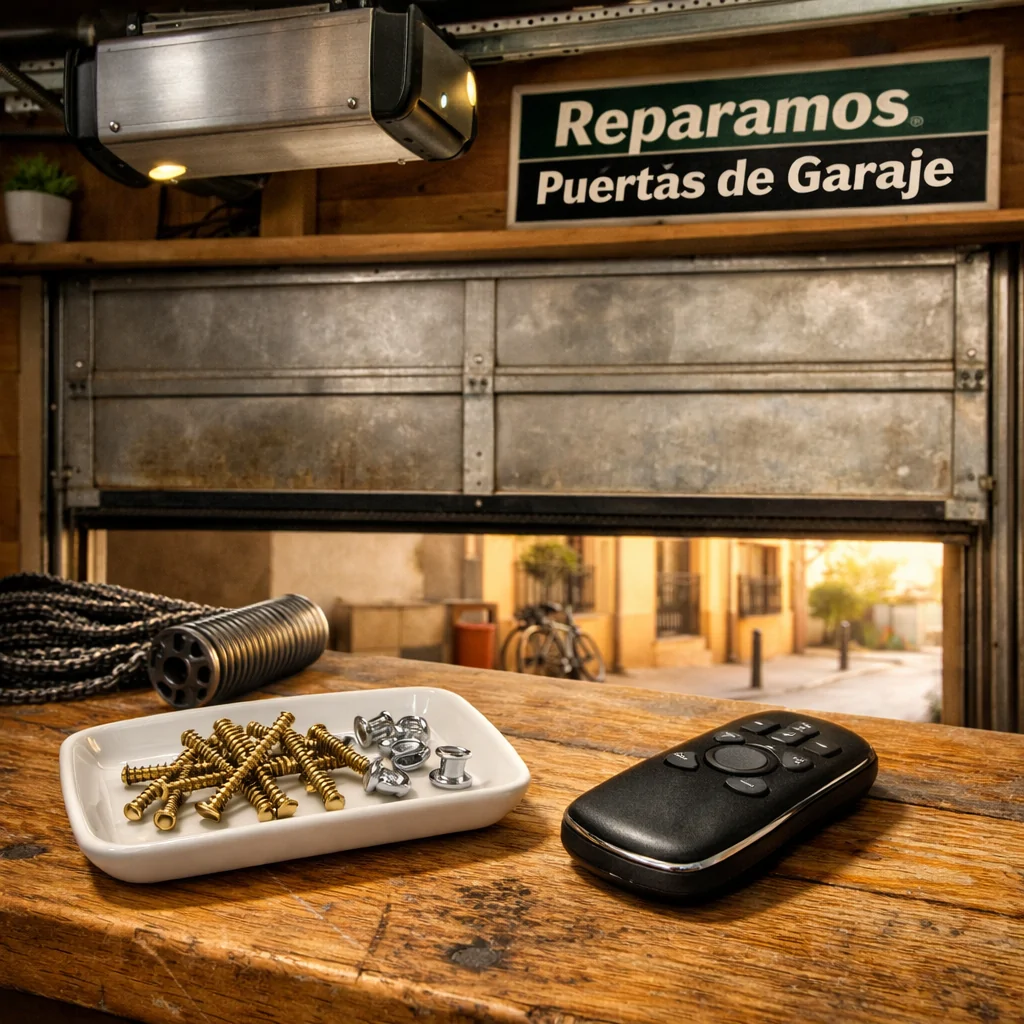 Interior de un garaje en Barcelona con un banco de trabajo, herramientas y luz suave; donde encontrar la reparacion mas asequible de puertas de garaje automaticas en Barcelona.