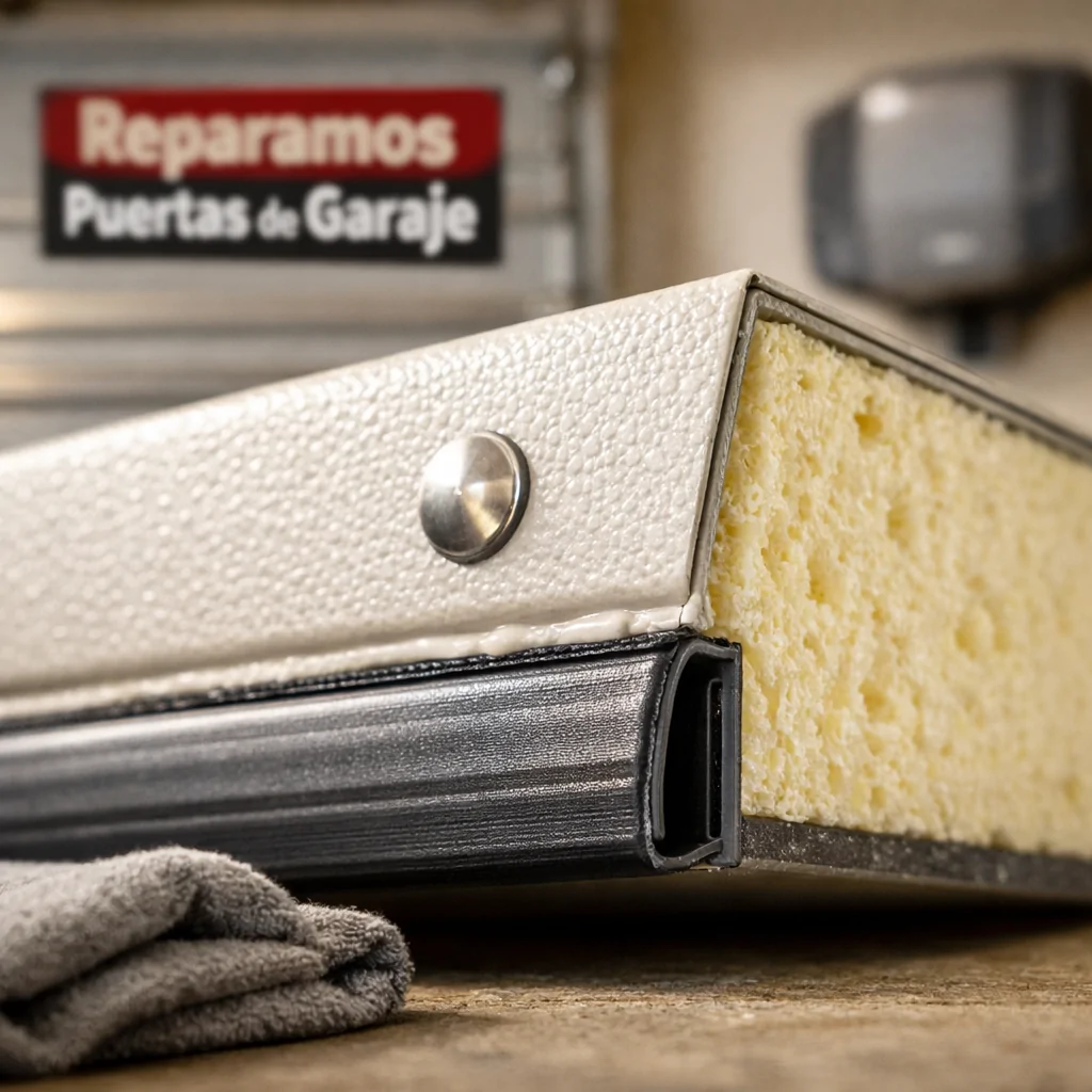 Fotografía macro de un panel de puerta de garaje aislada, mostrando texturas y materiales que requieren menos mantenimiento.