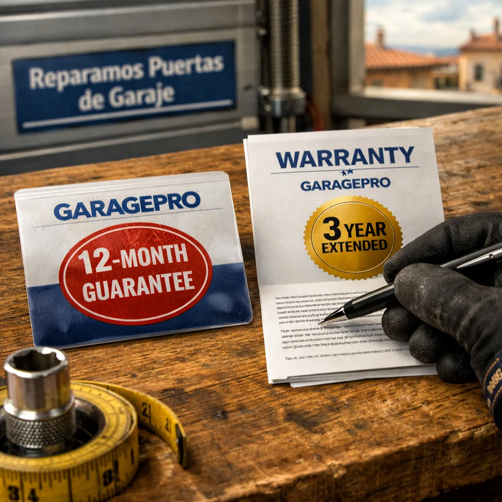 Macro de documentos de garantía en un banco de trabajo, mientras se comparan las garantías ofrecidas por empresas de reparación de puertas de garaje en Madrid.