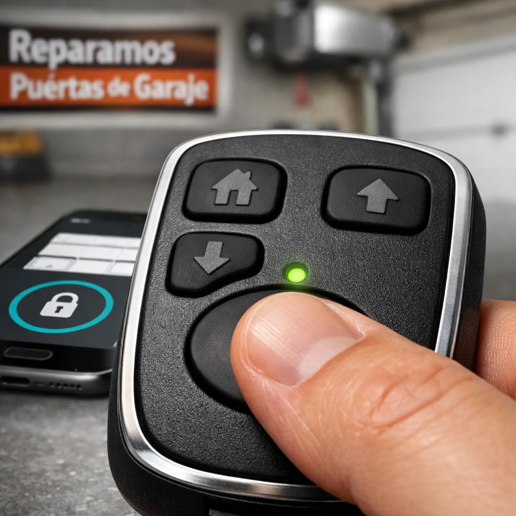 Fob de control remoto de puerta de garaje en primer plano, con un smartphone mostrando "Que sistemas de automatizacion de puertas de garaje son los mas eficaces" detrás.