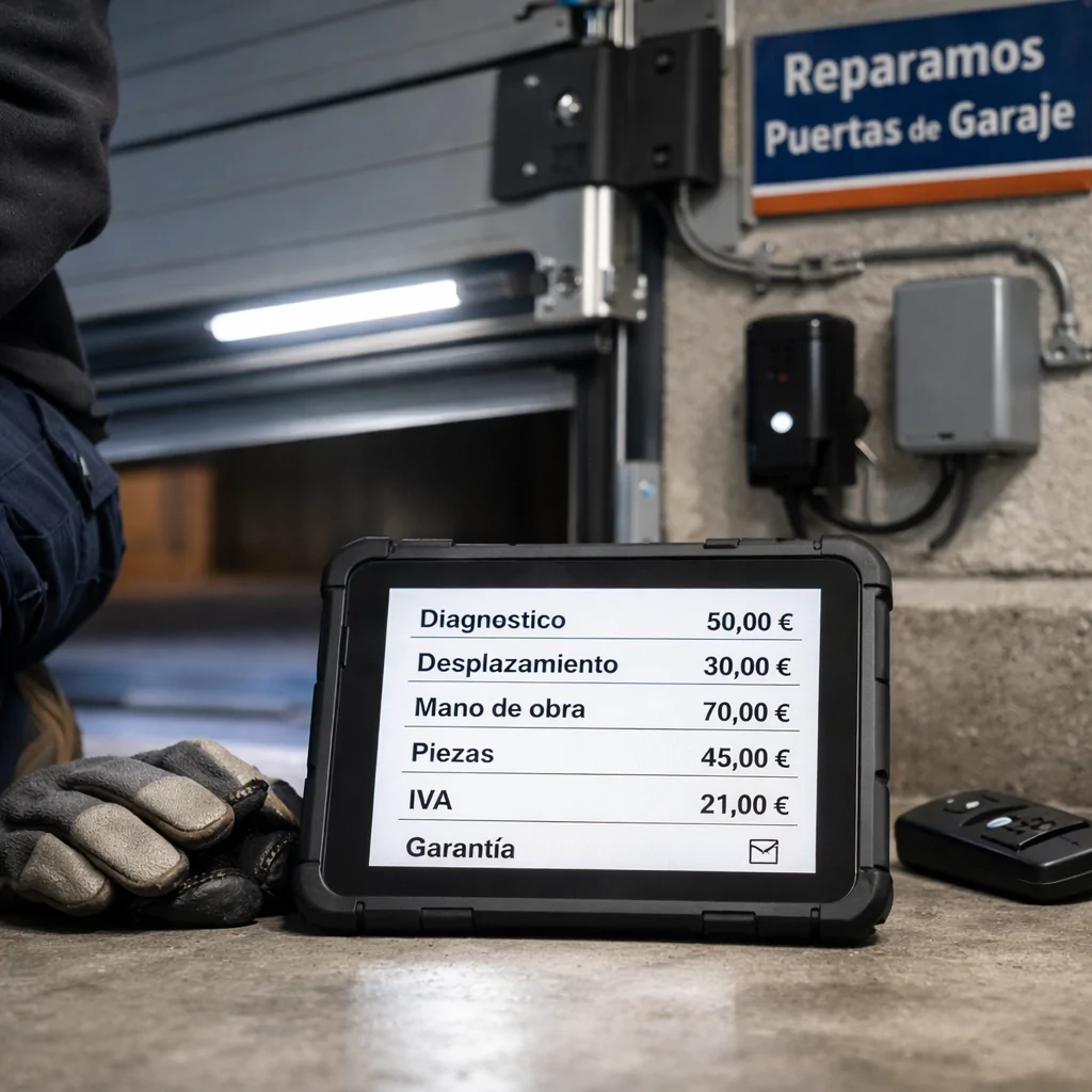 Técnico revisa una tablet en un garaje: Compara los precios de reparacion de puertas de garaje automaticas en Madrid
