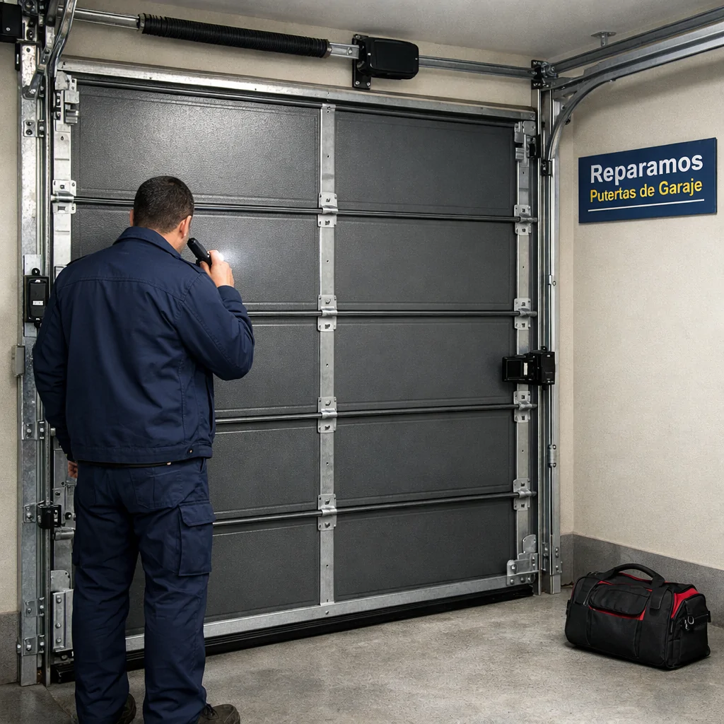 Puerta de garaje seccional doble de acero reforzado con cerraduras, guías y técnico inspeccionándola: Que tipo de puerta de garaje ofrece mayor seguridad ante intentos de robo