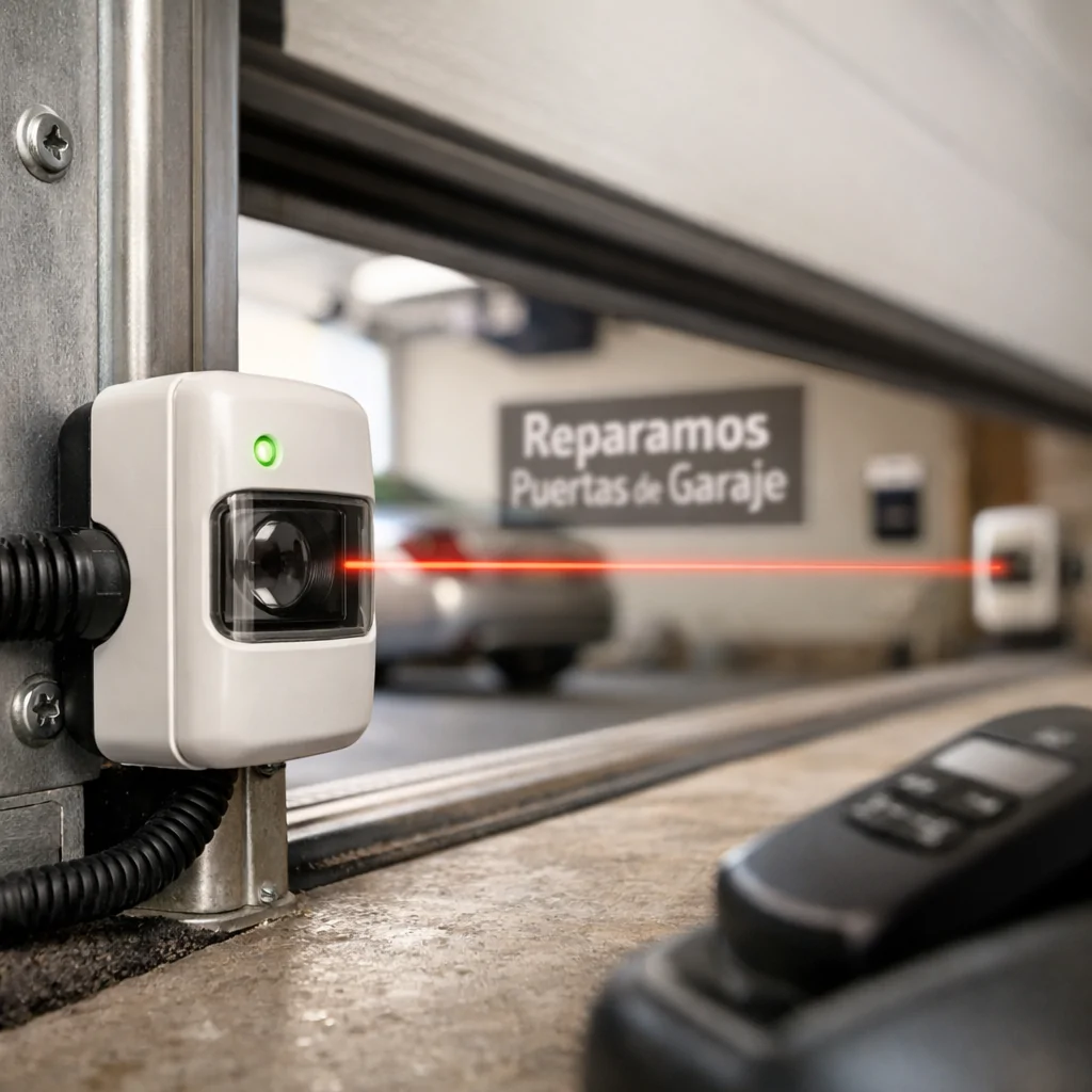 Sensor fotoeléctrico junto al riel de garaje, con luz verde y puerta automática; ventajas de la automatización de puertas de garaje.