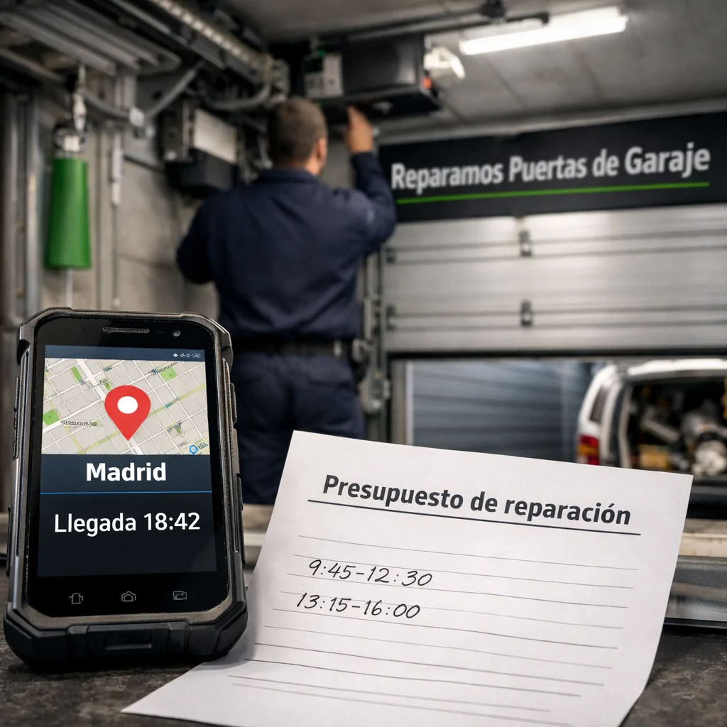 Tu00e9cnico revisa presupuesto y mu00f3vil con llegada en Madrid; puerta de garaje cerru00e1ndose. Que servicio de reparacion de puertas de garaje es mas rapido en Madrid