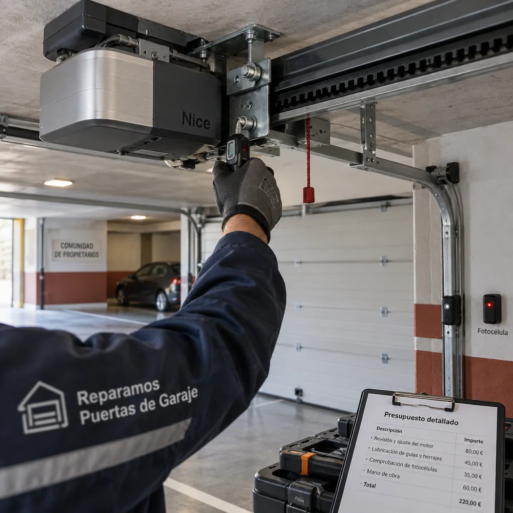 Tu00e9cnico ajusta motor de puerta de garaje; Encuentra la empresa mas confiable para motorizacion de puertas de garaje en Barcelona
