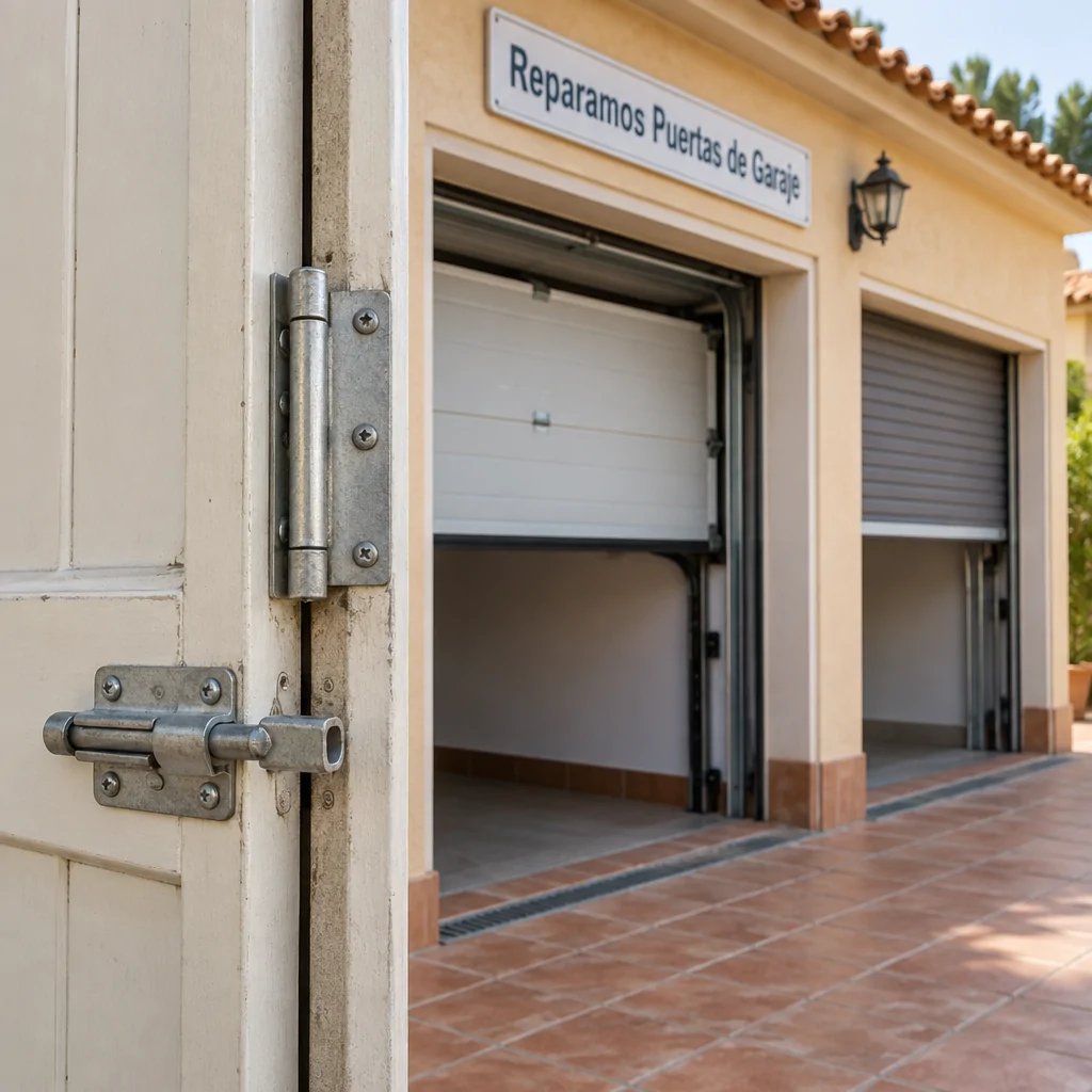 Primer plano de bisagra y pestillo en una puerta abatible, junto a puertas seccionales y enrollables: Que tipos de puertas de garaje son mas faciles de mantener.