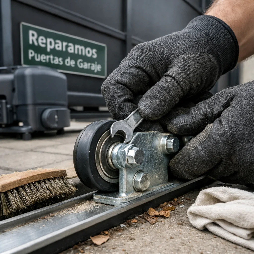 Manos enguantadas ajustan con una llave el rodillo de una puerta corredera, junto a un cepillo y el riel: Como se realiza el mantenimiento preventivo de puertas de garaje correderas