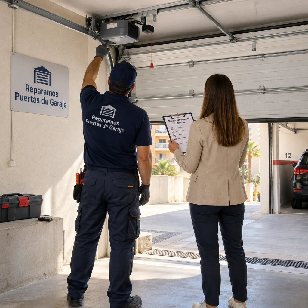 Tu00e9cnico y encargado revisan una puerta de garaje en Valencia; Cuales son las empresas mas recomendadas para mantenimiento de puertas de garaje en Valencia