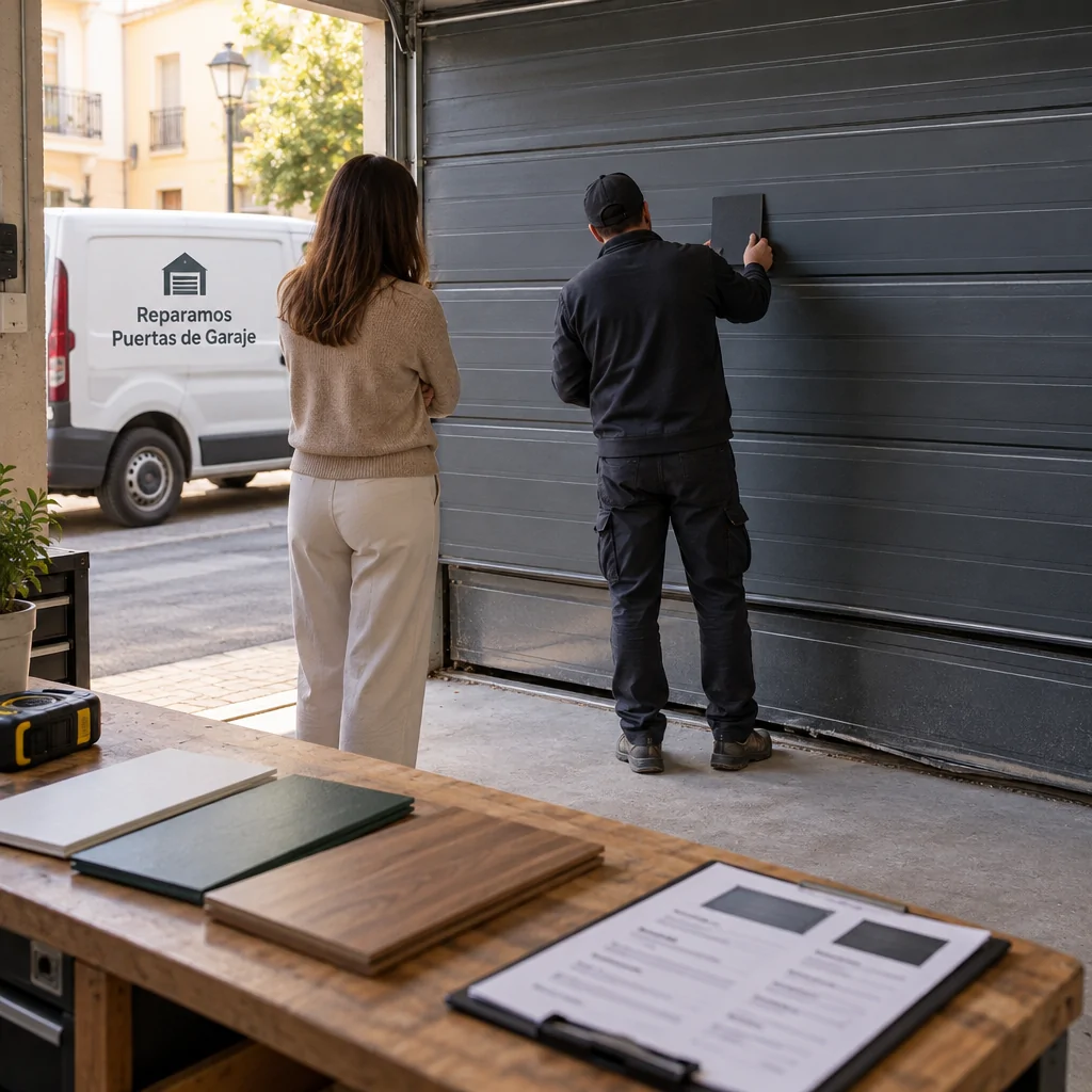 Tu00e9cnico y propietario comparan muestras ante una puerta de garaje desalineada en Madrid; Donde encontrar servicios personalizables para la reparacion de puertas de garaje en Madrid